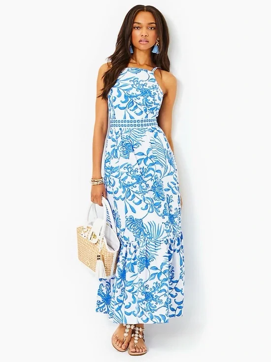 Lilly Pulitzer Charlese Resort White Glisten In The Sun Cotton Halter Maxi Dress - Picture 2 of 8